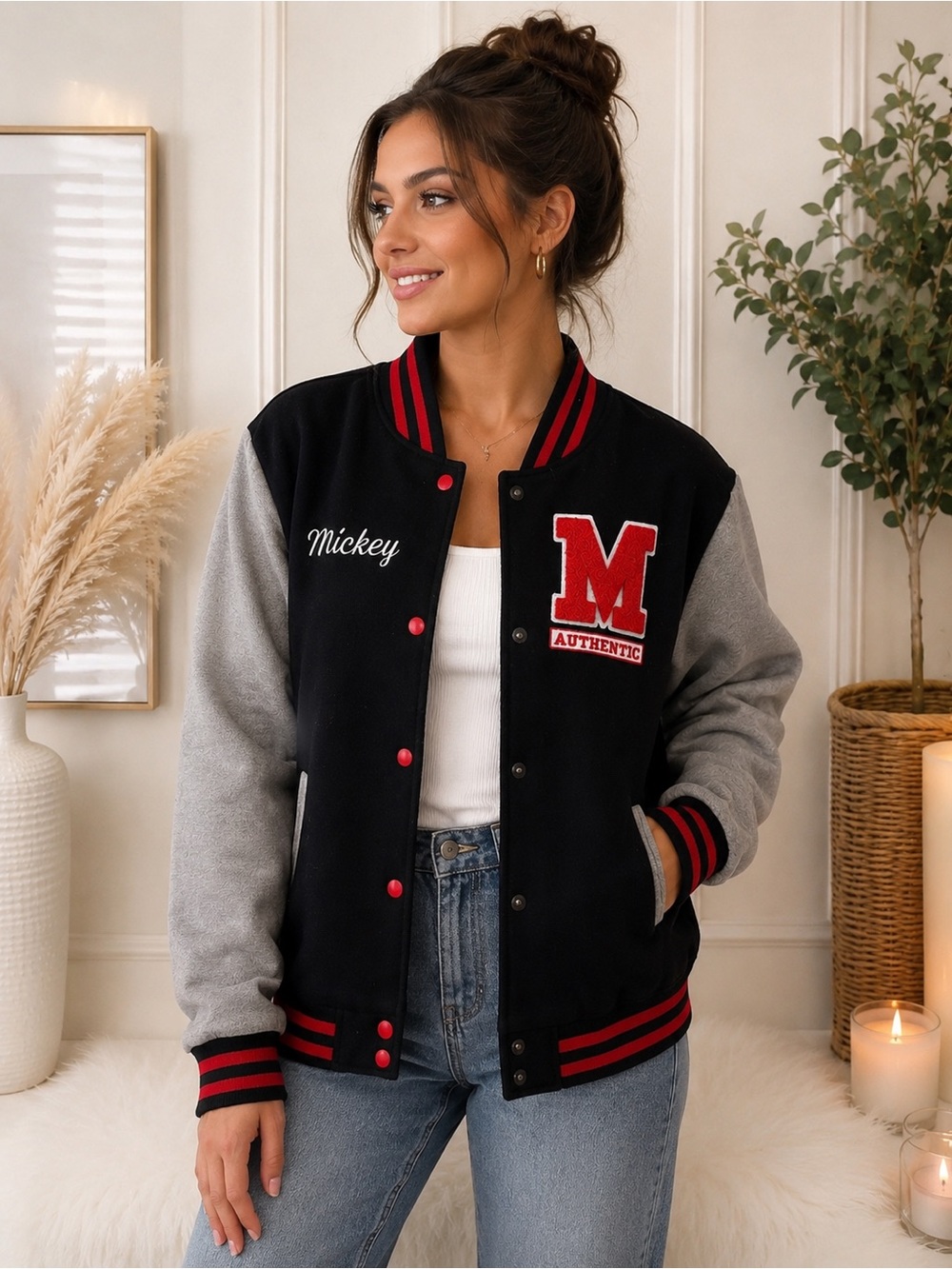 Disney Mickey Mouse Warm Varsity Jacket – Black Grey Red – Unisex